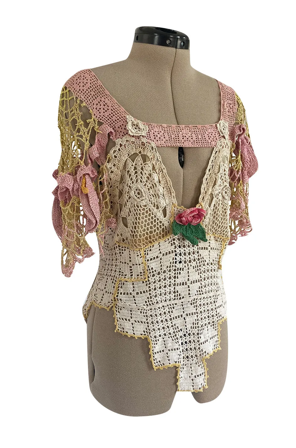 1960s Handmade Crocheted Crop Top w Open Front Pink Sleeves & Gold Metallic Accents