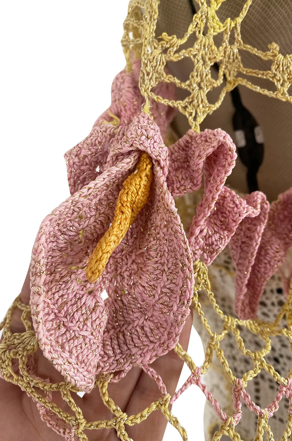 1960s Handmade Crocheted Crop Top w Open Front Pink Sleeves & Gold Metallic Accents