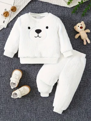2PCS Fuzzy Infant Boys' Long Sleeve Sweatshirt & Pants Set - Cute Cartoon Pattern, Outdoor Cloth for Fall/Winter