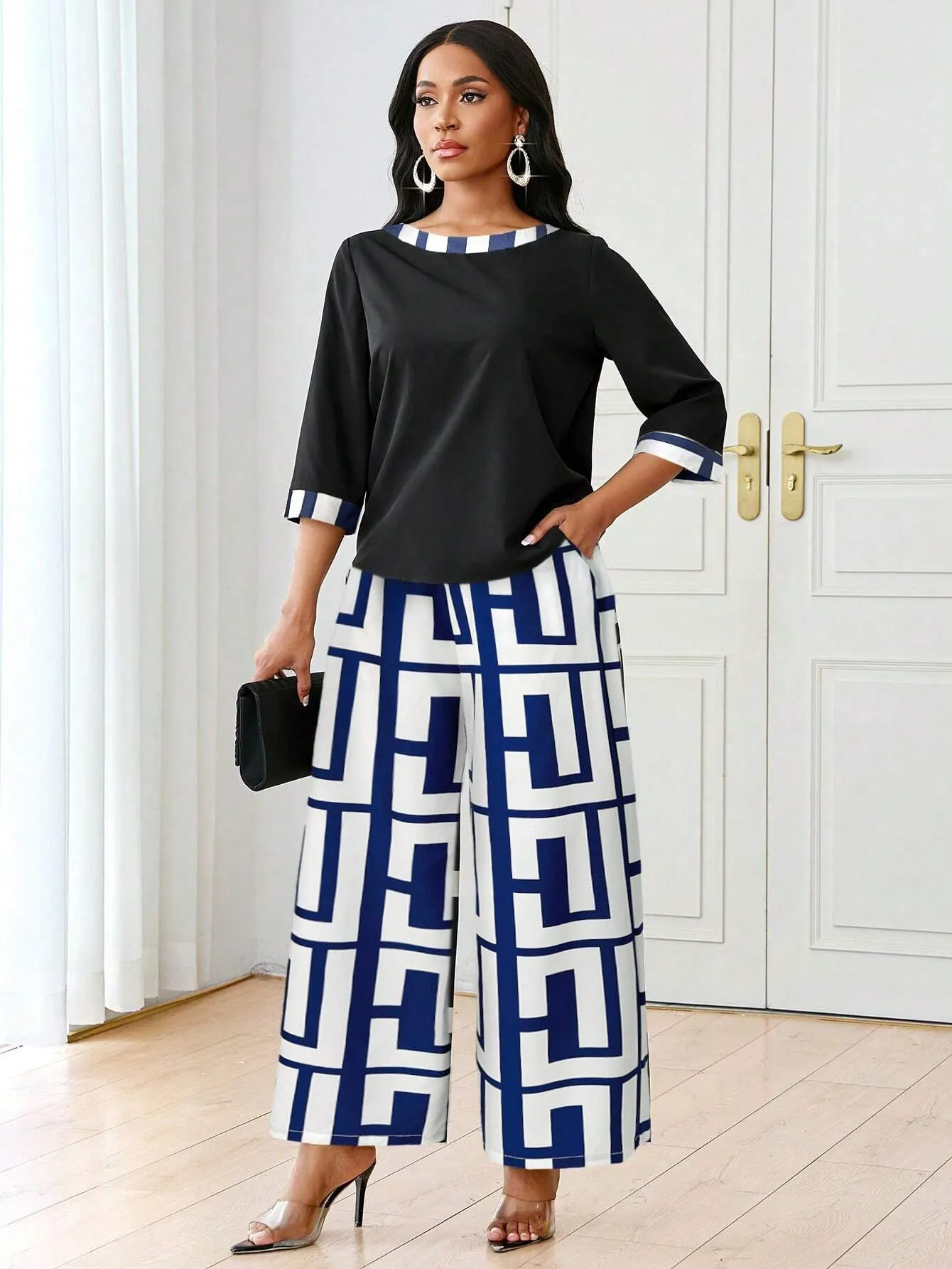 2pcs Women's Autumn Geometric Print Round Neck 3/4 Sleeve Top And Wide Leg Pants Casual Suit Set