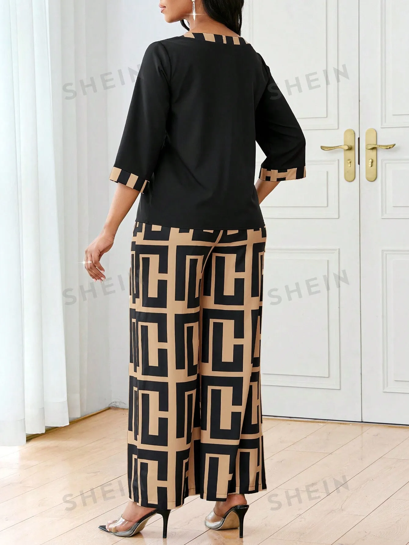 2pcs Women's Autumn Geometric Print Round Neck 3/4 Sleeve Top And Wide Leg Pants Casual Suit Set