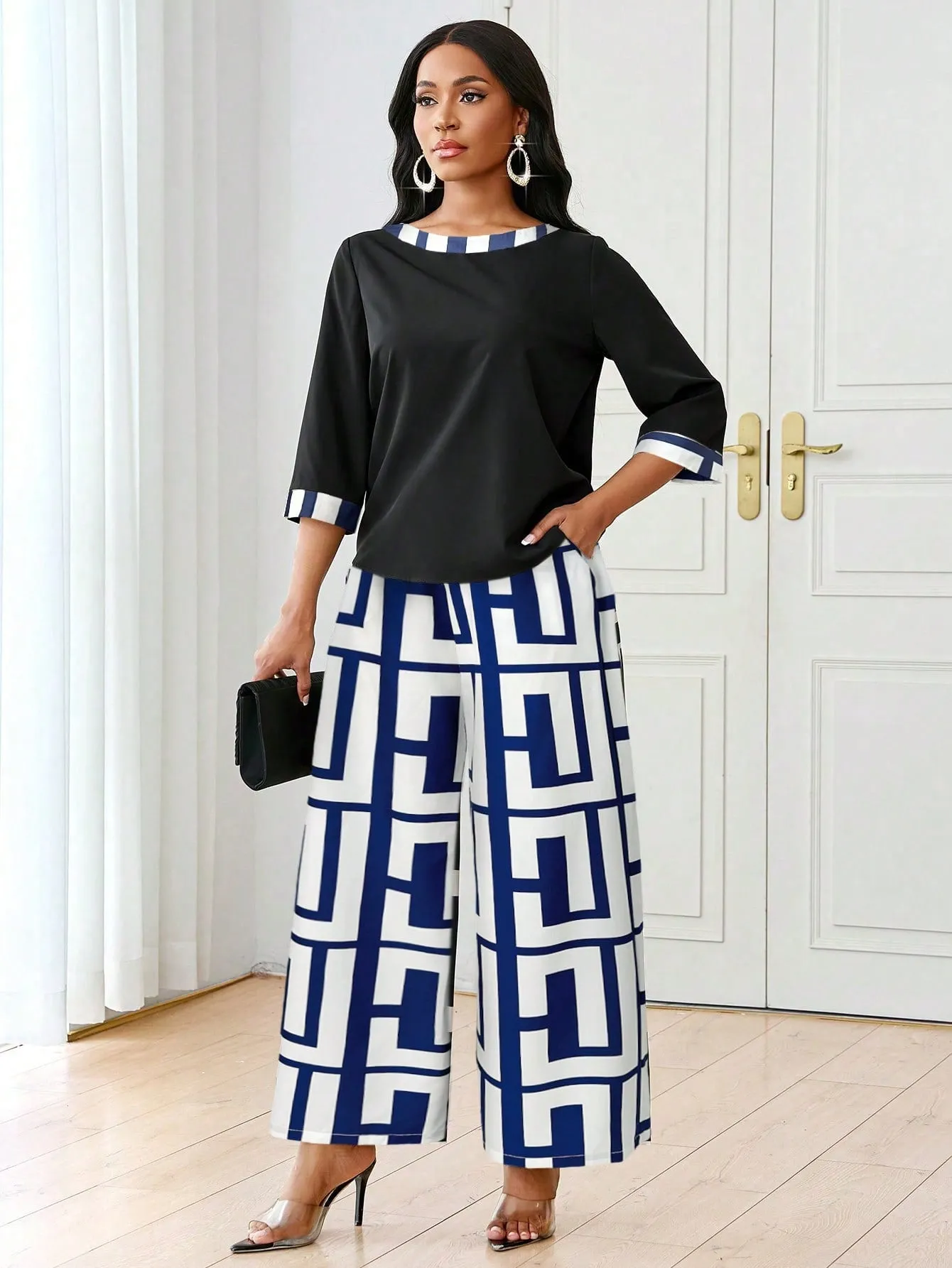 2pcs Women's Autumn Geometric Print Round Neck 3/4 Sleeve Top And Wide Leg Pants Casual Suit Set