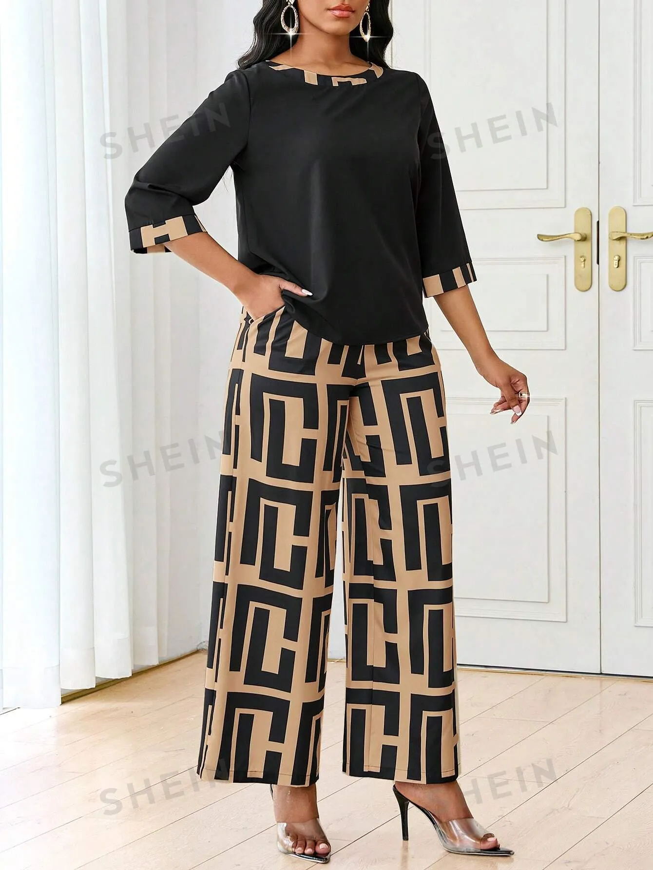 2pcs Women's Autumn Geometric Print Round Neck 3/4 Sleeve Top And Wide Leg Pants Casual Suit Set