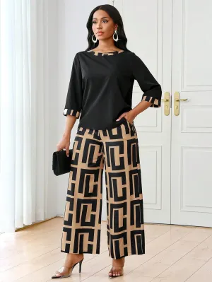 2pcs Women's Autumn Geometric Print Round Neck 3/4 Sleeve Top And Wide Leg Pants Casual Suit Set