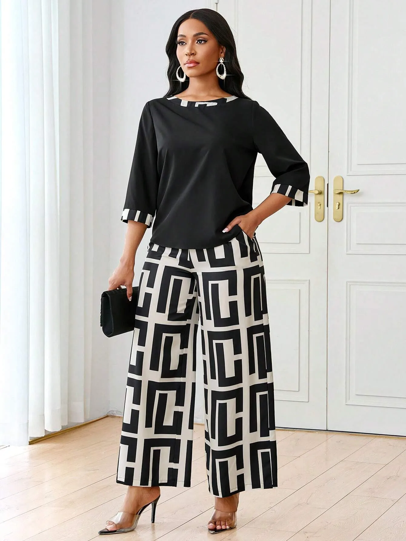 2pcs Women's Autumn Geometric Print Round Neck 3/4 Sleeve Top And Wide Leg Pants Casual Suit Set