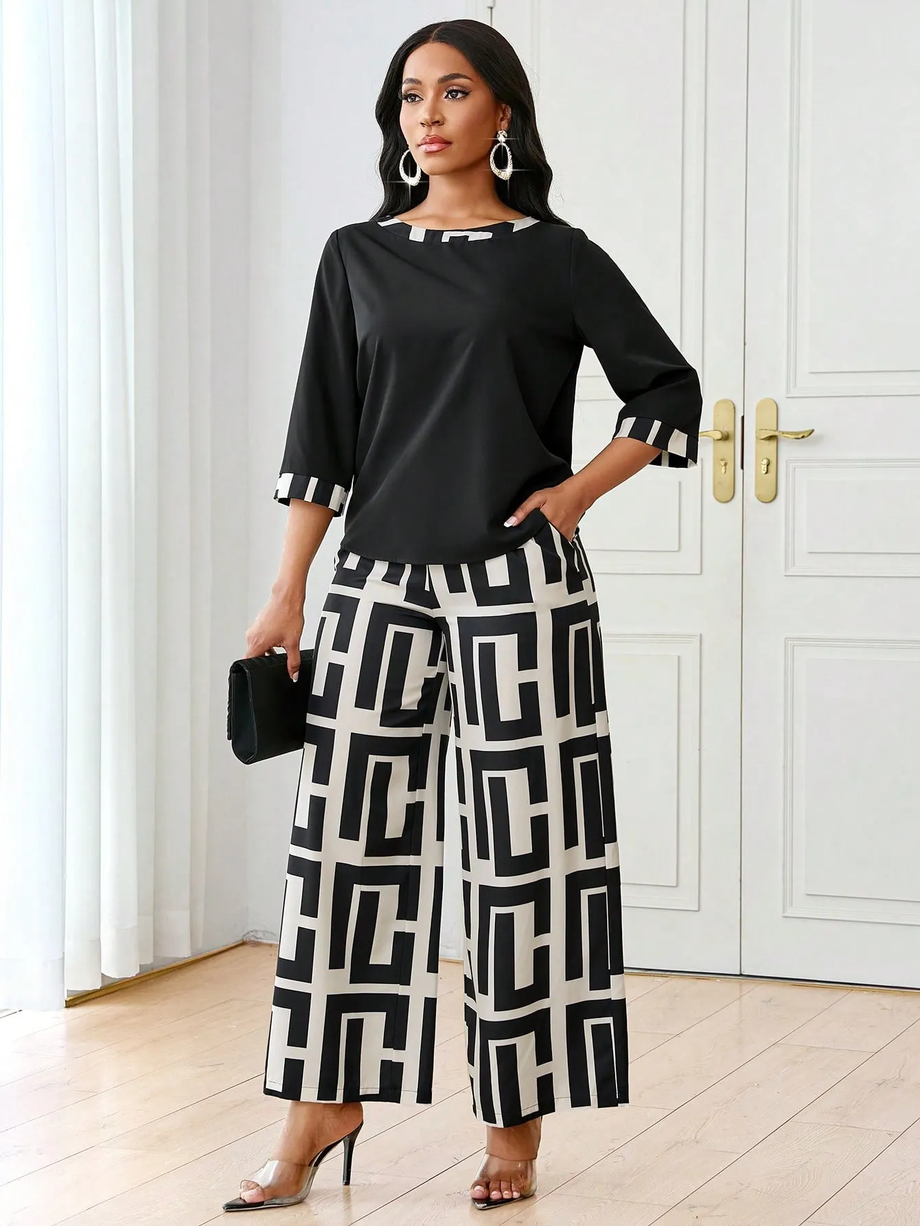 2pcs Women's Autumn Geometric Print Round Neck 3/4 Sleeve Top And Wide Leg Pants Casual Suit Set