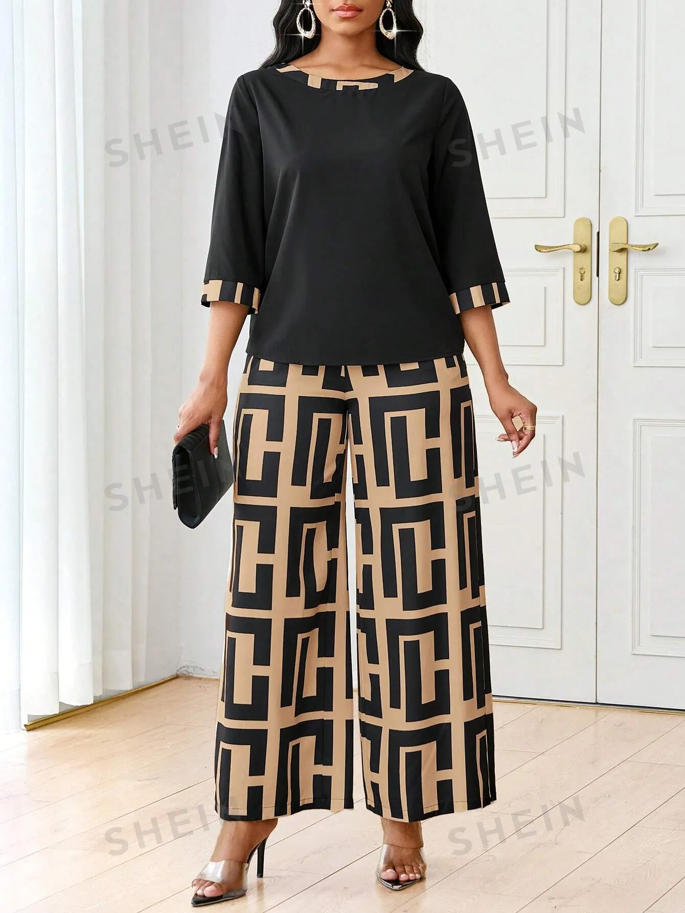 2pcs Women's Autumn Geometric Print Round Neck 3/4 Sleeve Top And Wide Leg Pants Casual Suit Set