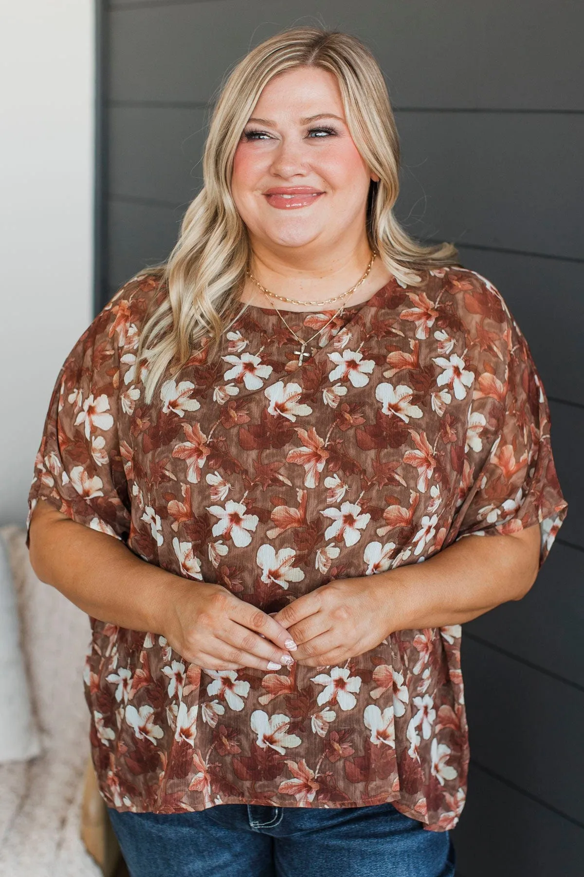 A Floral Dream Dolman Sleeve Top- Brown & Rust