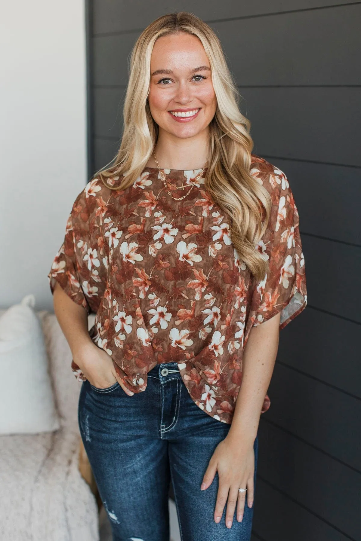 A Floral Dream Dolman Sleeve Top- Brown & Rust