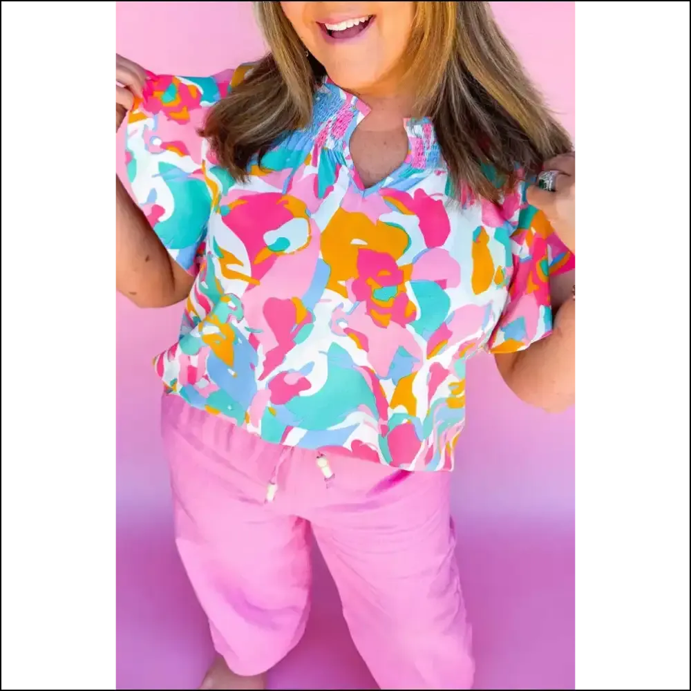 Abstract Print Smocked Neck Blouse: Hide your Snacks, Show your Sass! ✨ Needful Things