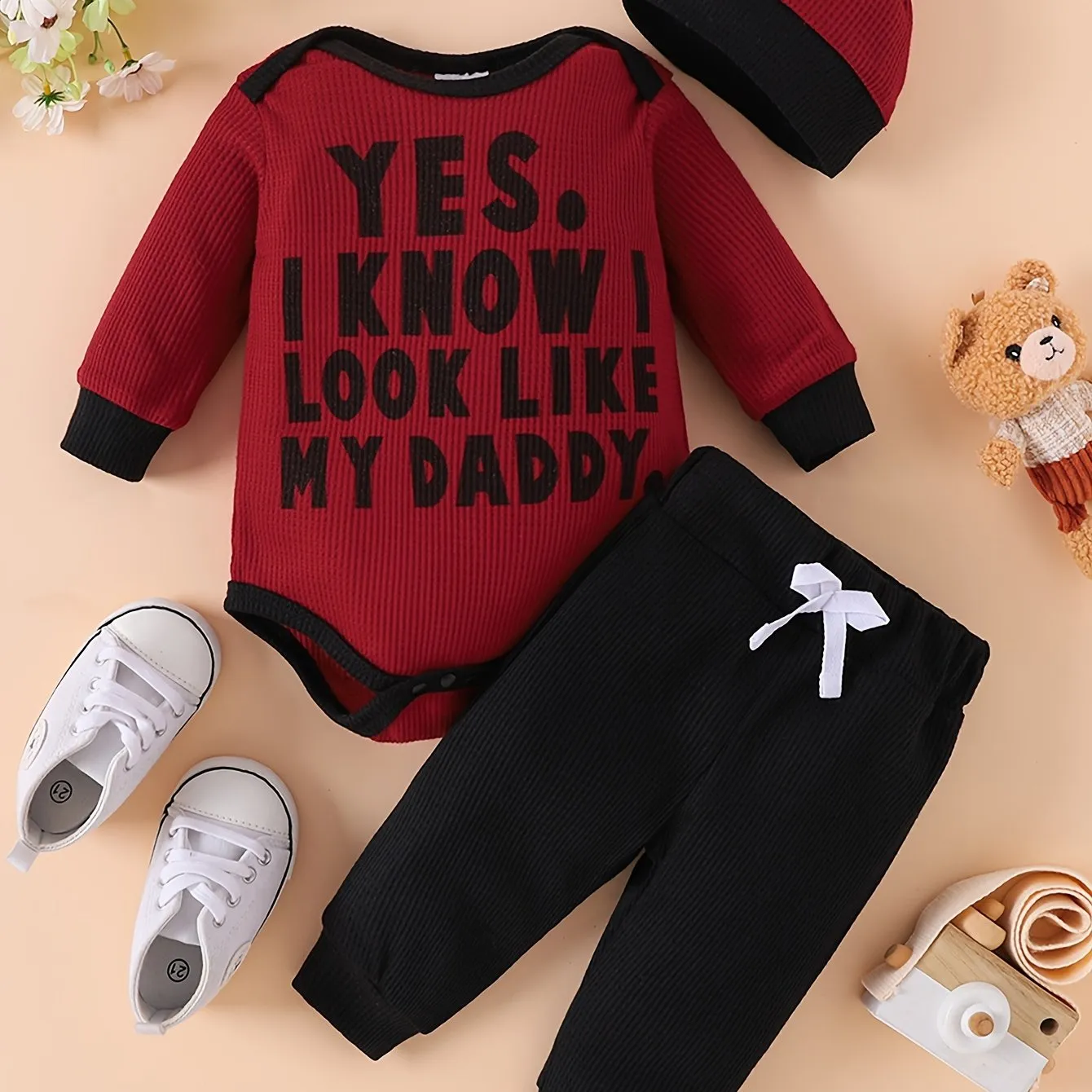 Adorable 3pcs Set for Baby Boys: Long Sleeve Letter Print Romper, Pants & Hat - Soft Polyester Blend, Perfect for Spring,