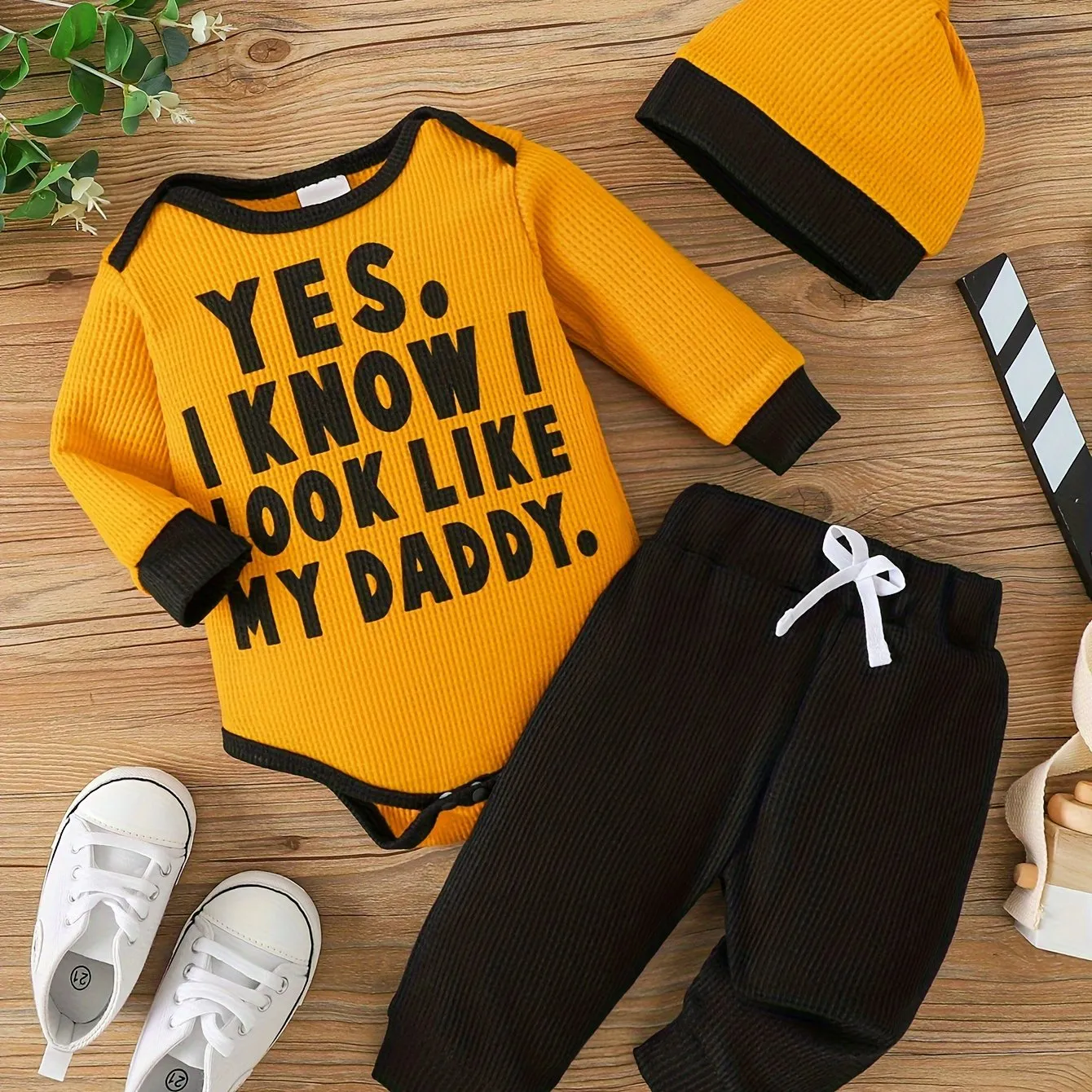 Adorable 3pcs Set for Baby Boys: Long Sleeve Letter Print Romper, Pants & Hat - Soft Polyester Blend, Perfect for Spring,