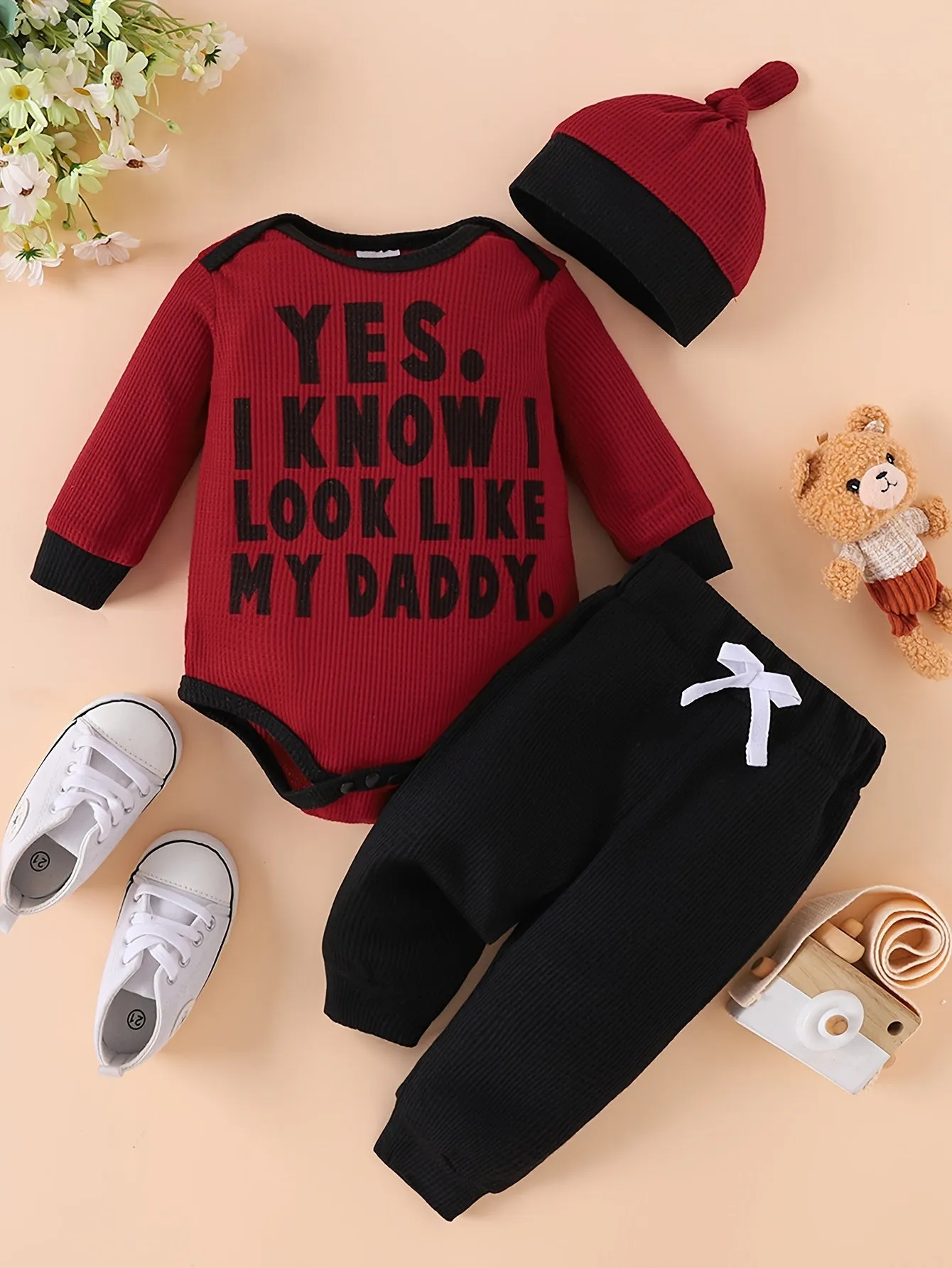 Adorable 3pcs Set for Baby Boys: Long Sleeve Letter Print Romper, Pants & Hat - Soft Polyester Blend, Perfect for Spring,