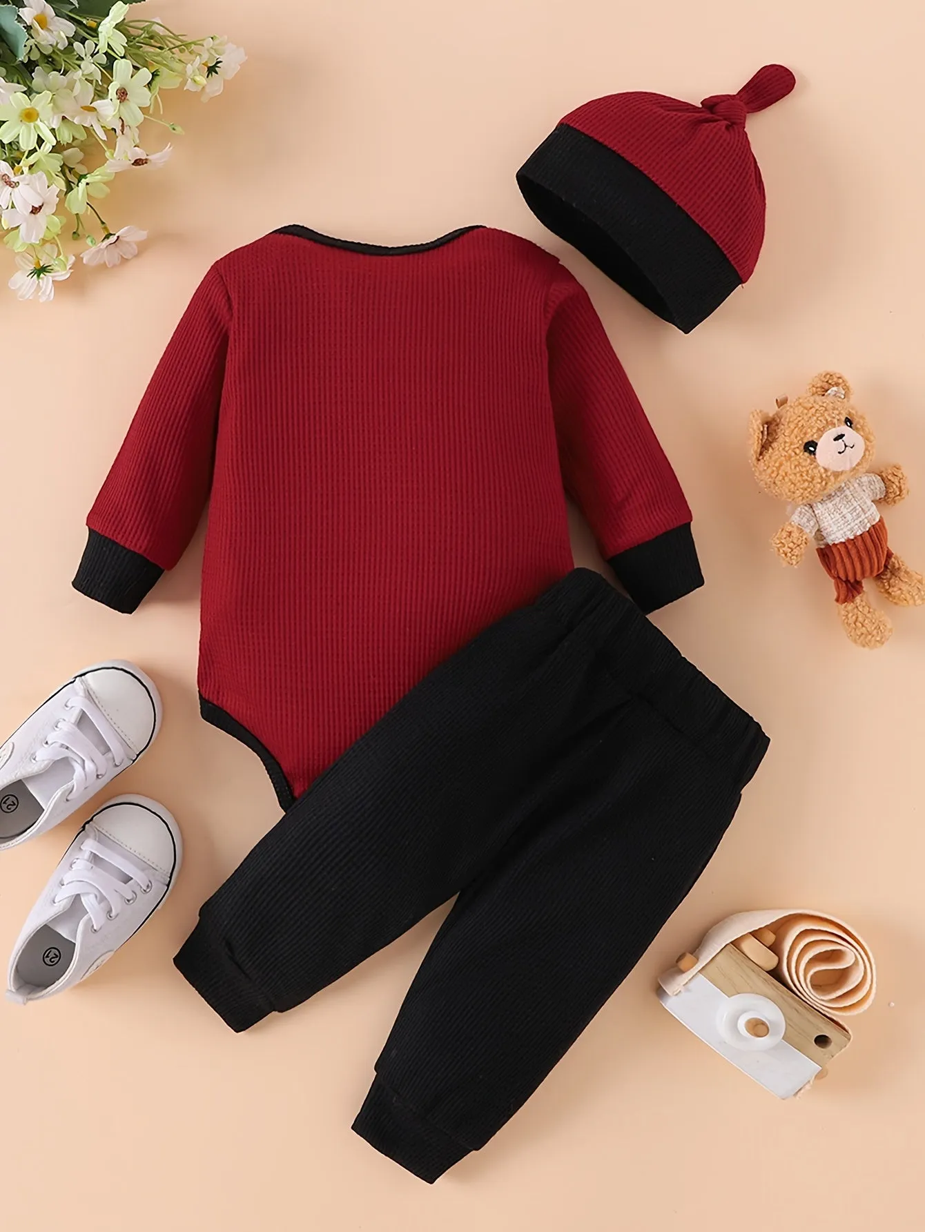Adorable 3pcs Set for Baby Boys: Long Sleeve Letter Print Romper, Pants & Hat - Soft Polyester Blend, Perfect for Spring,