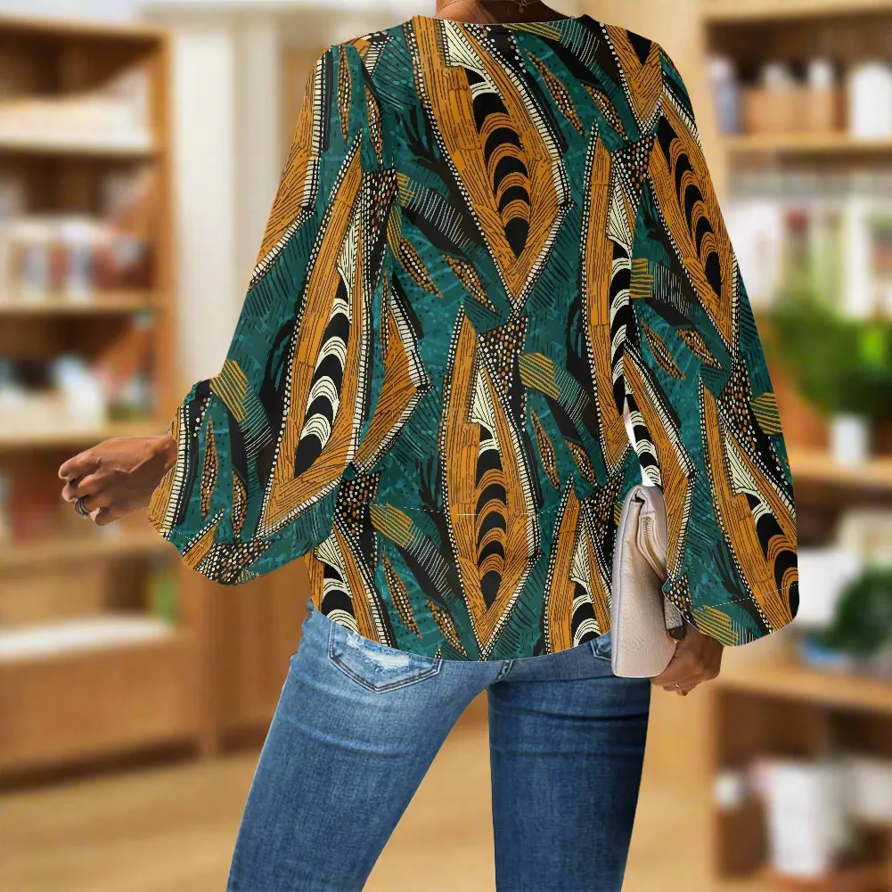 African Ethnic pattern V-Neck Chiffon Puff Sleeve Blouse by Luxtrini