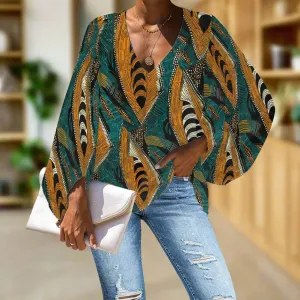 African Ethnic pattern V-Neck Chiffon Puff Sleeve Blouse by Luxtrini