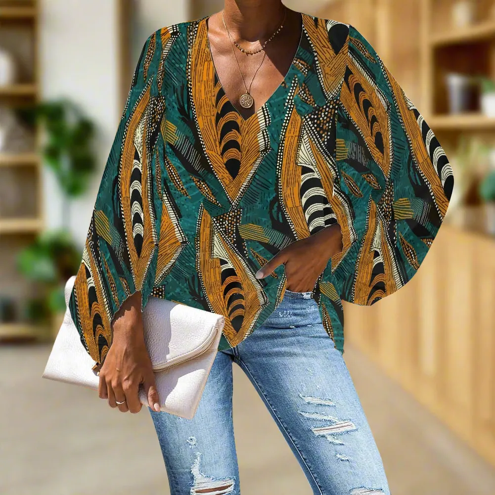 African Ethnic pattern V-Neck Chiffon Puff Sleeve Blouse by Luxtrini