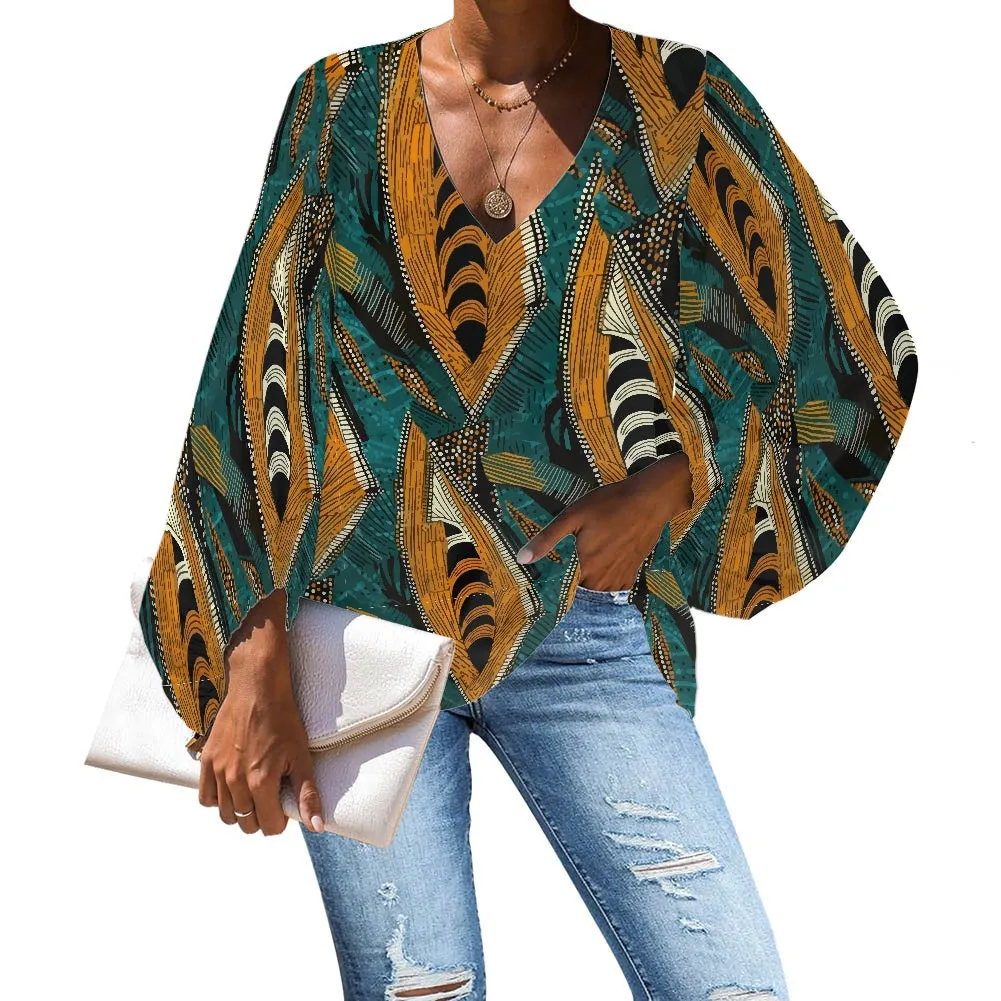 African Ethnic pattern V-Neck Chiffon Puff Sleeve Blouse by Luxtrini