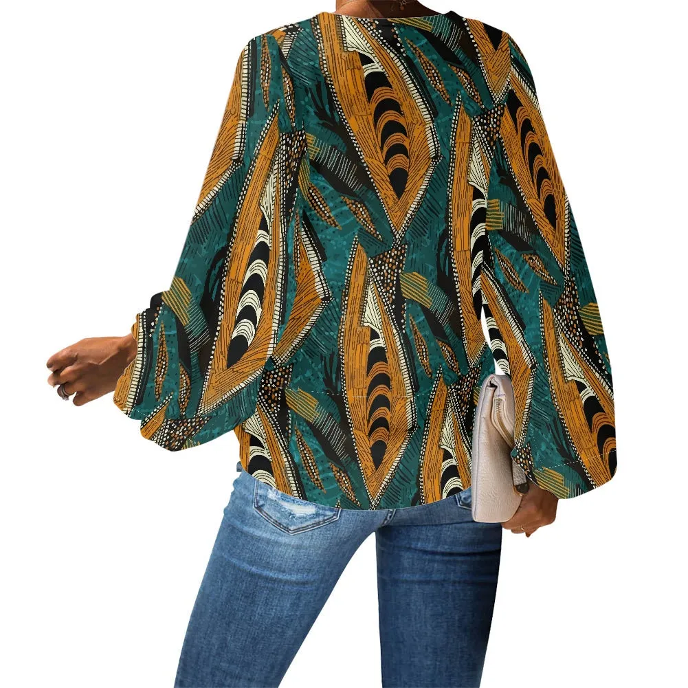 African Ethnic pattern V-Neck Chiffon Puff Sleeve Blouse by Luxtrini