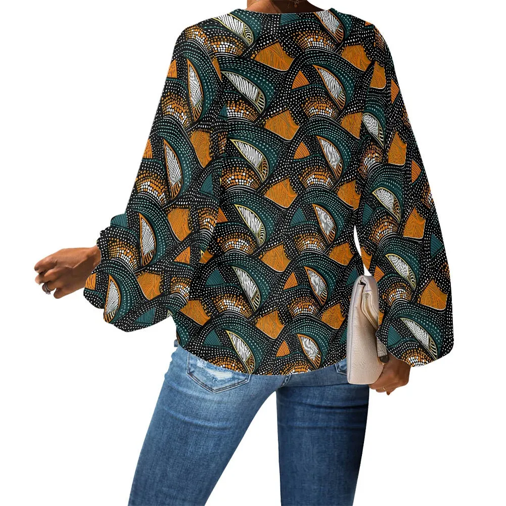 African Tribal V-Neck Chiffon Puff Sleeve Blouse by Luxtrini