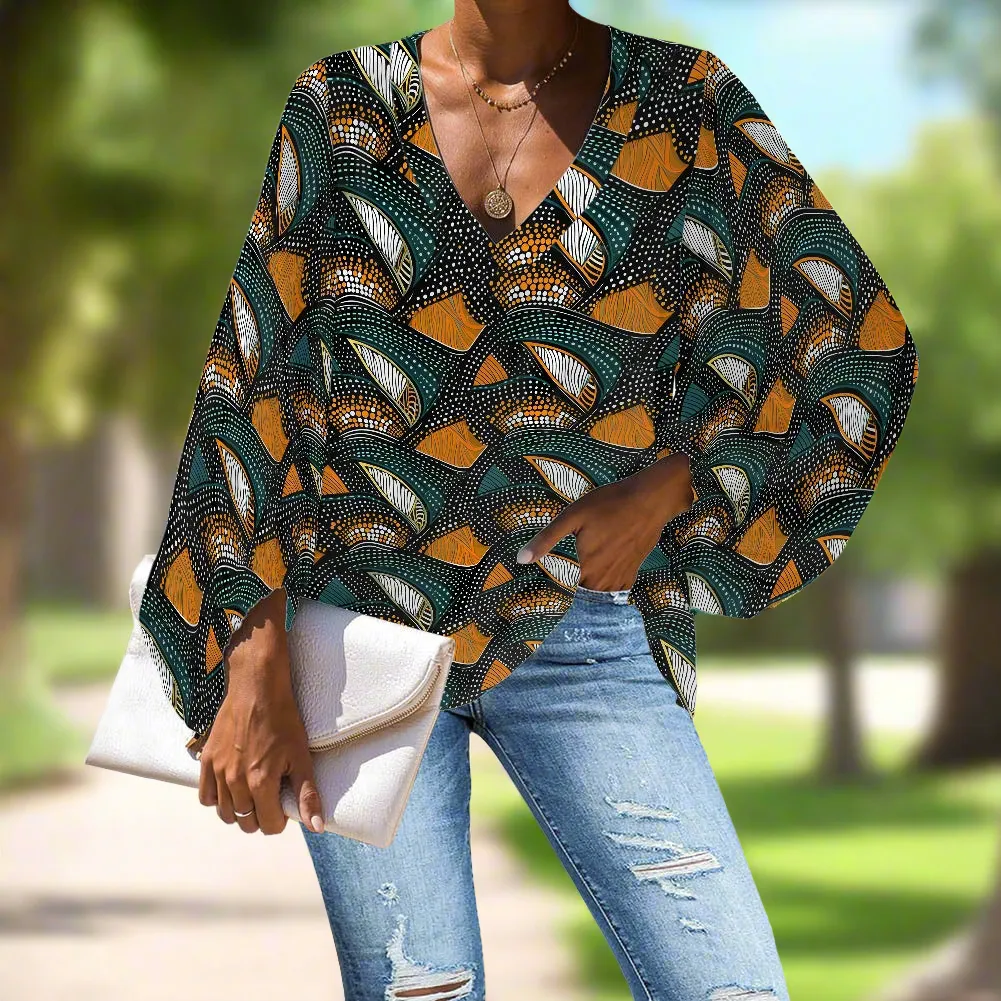 African Tribal V-Neck Chiffon Puff Sleeve Blouse by Luxtrini
