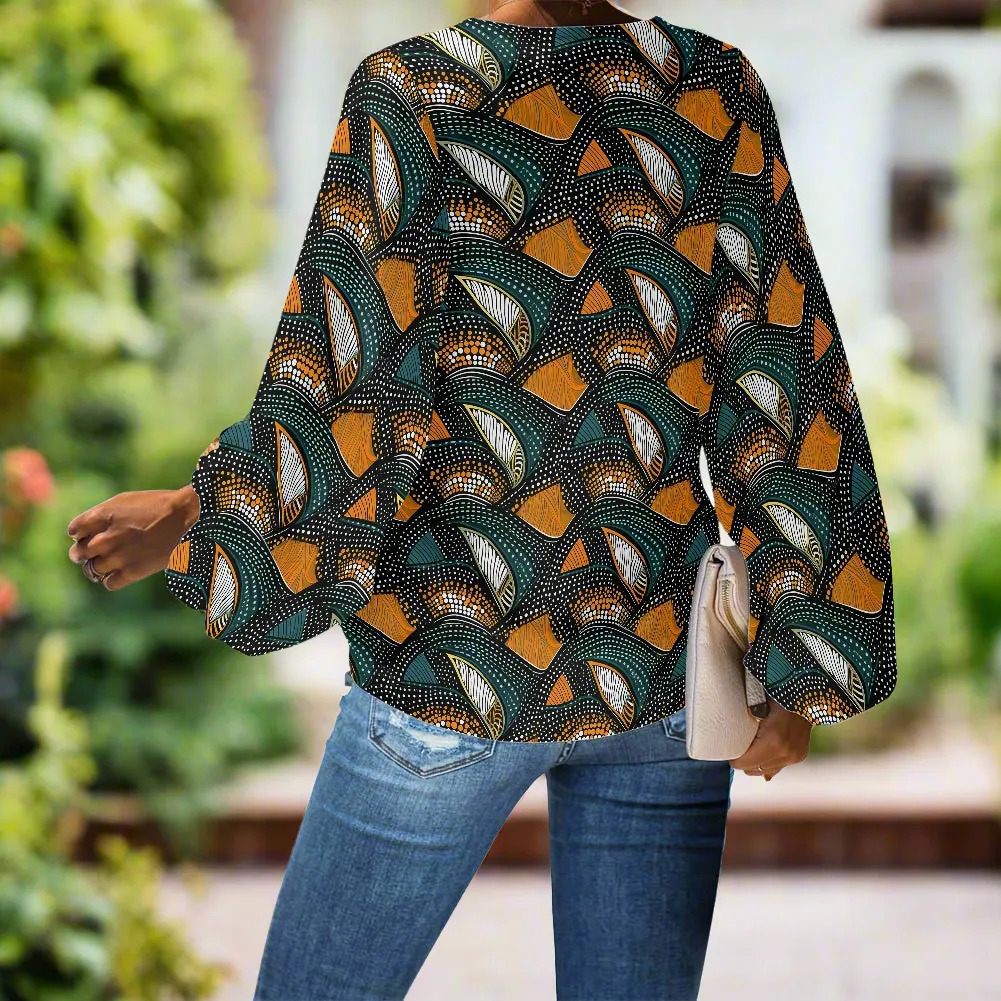 African Tribal V-Neck Chiffon Puff Sleeve Blouse by Luxtrini