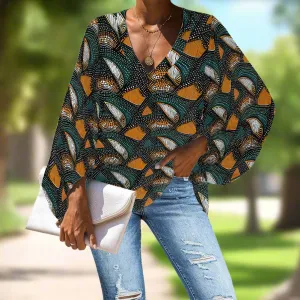 African Tribal V-Neck Chiffon Puff Sleeve Blouse by Luxtrini