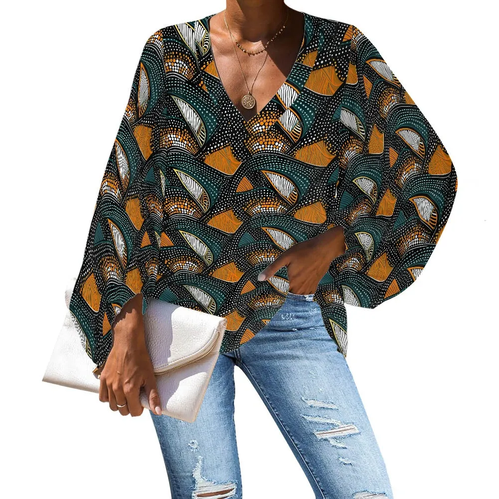African Tribal V-Neck Chiffon Puff Sleeve Blouse by Luxtrini