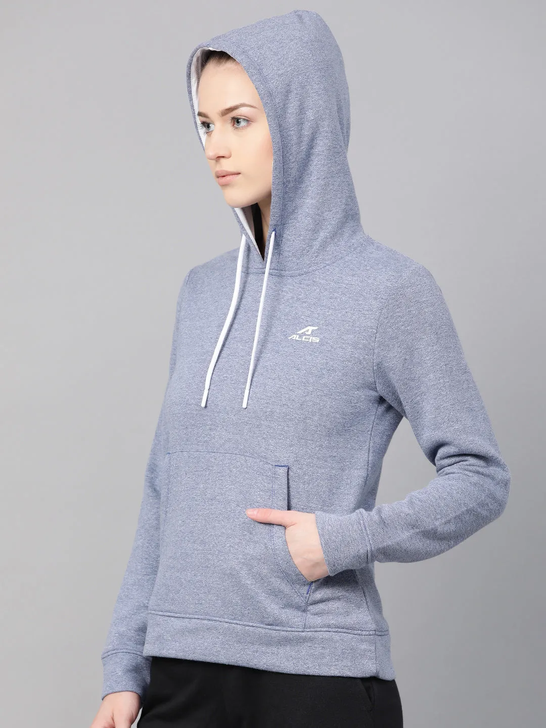 Alcis Women Blue Solid Hooded Sweatshirt