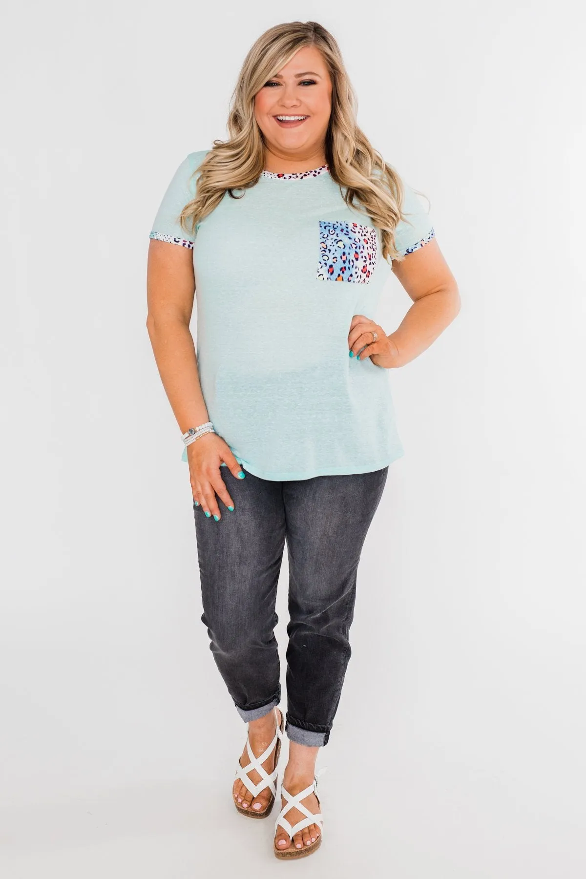 All Of A Sudden Leopard Pocket Top- Light Blue