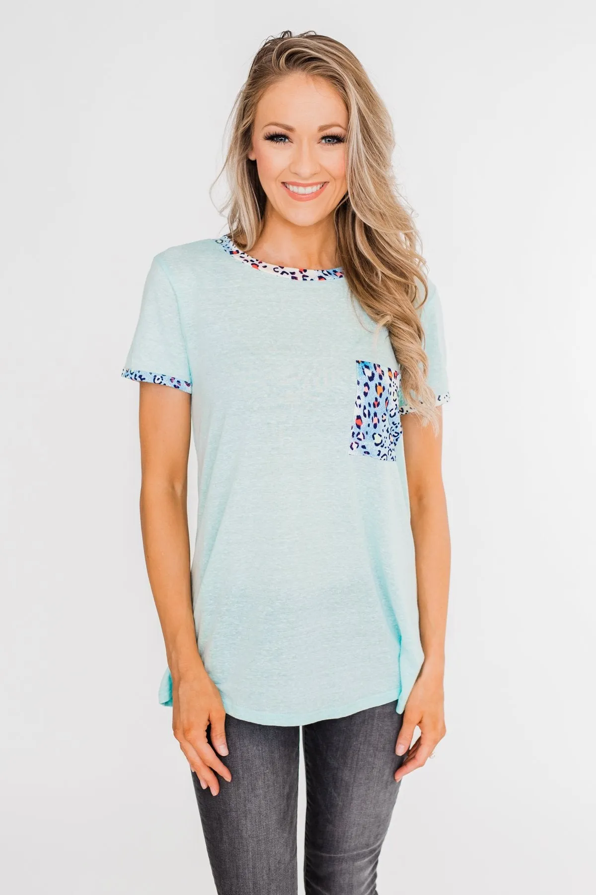 All Of A Sudden Leopard Pocket Top- Light Blue