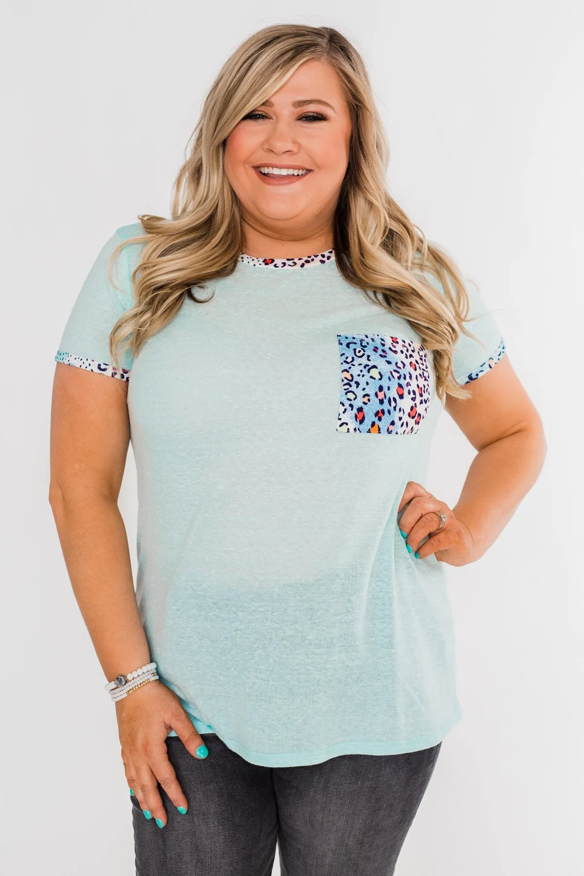 All Of A Sudden Leopard Pocket Top- Light Blue