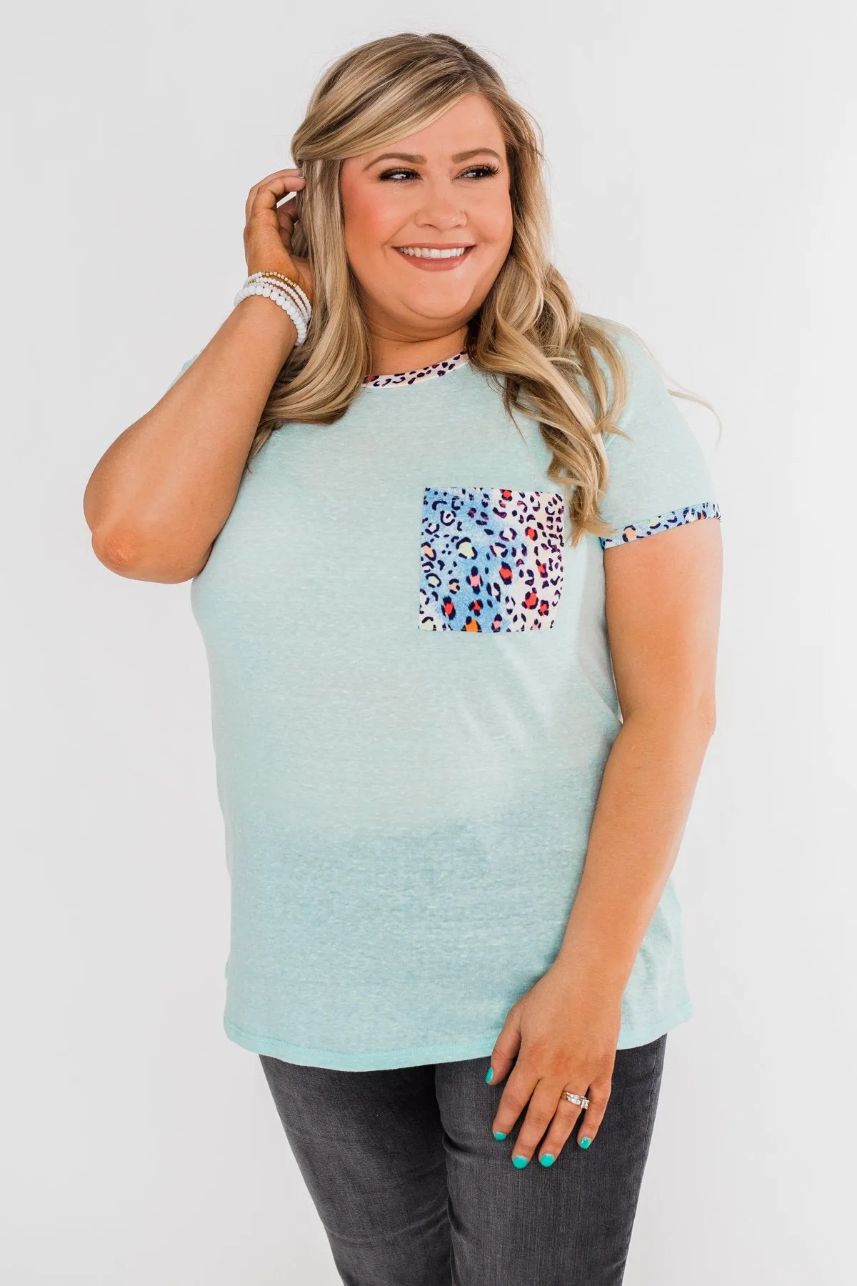 All Of A Sudden Leopard Pocket Top- Light Blue