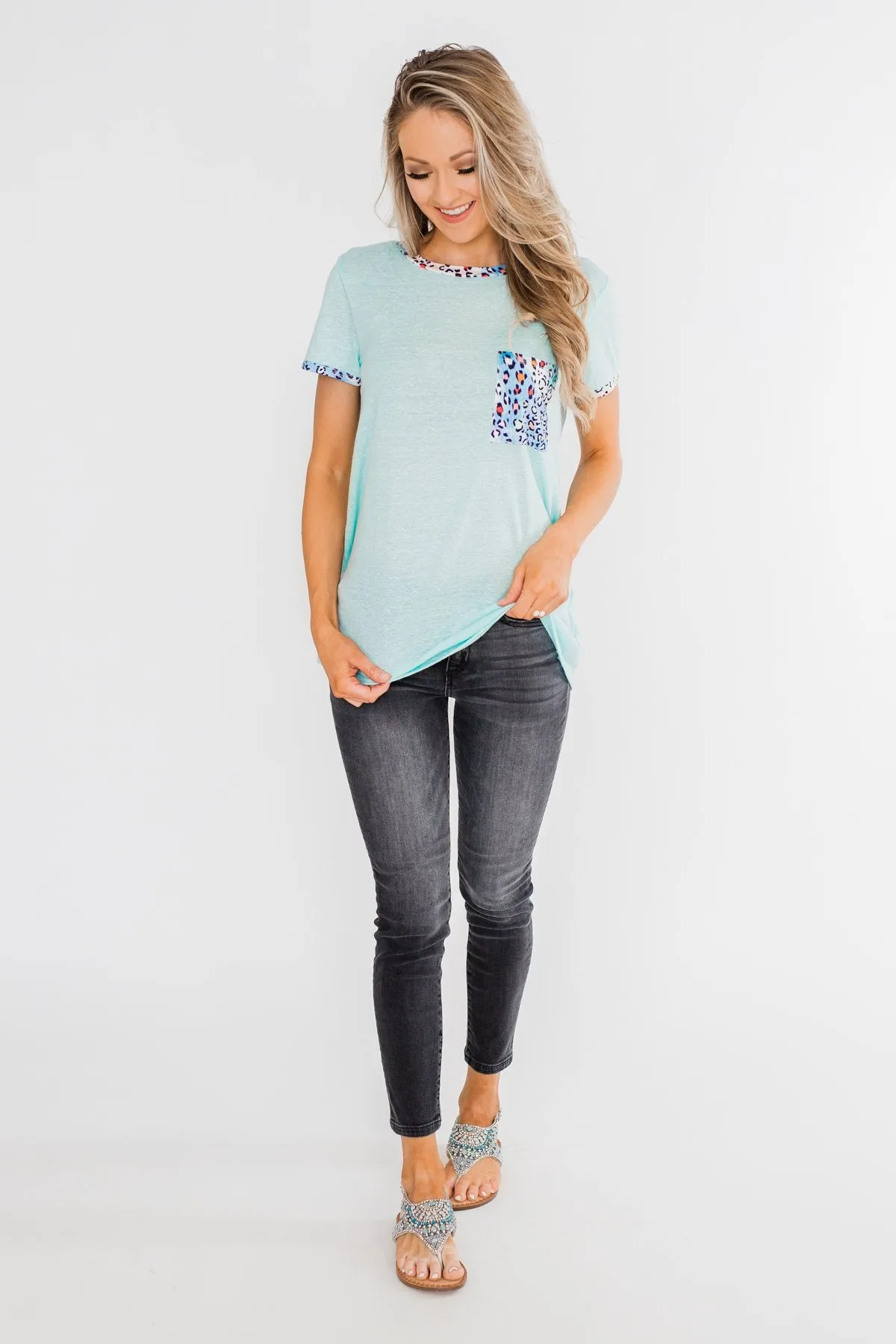 All Of A Sudden Leopard Pocket Top- Light Blue