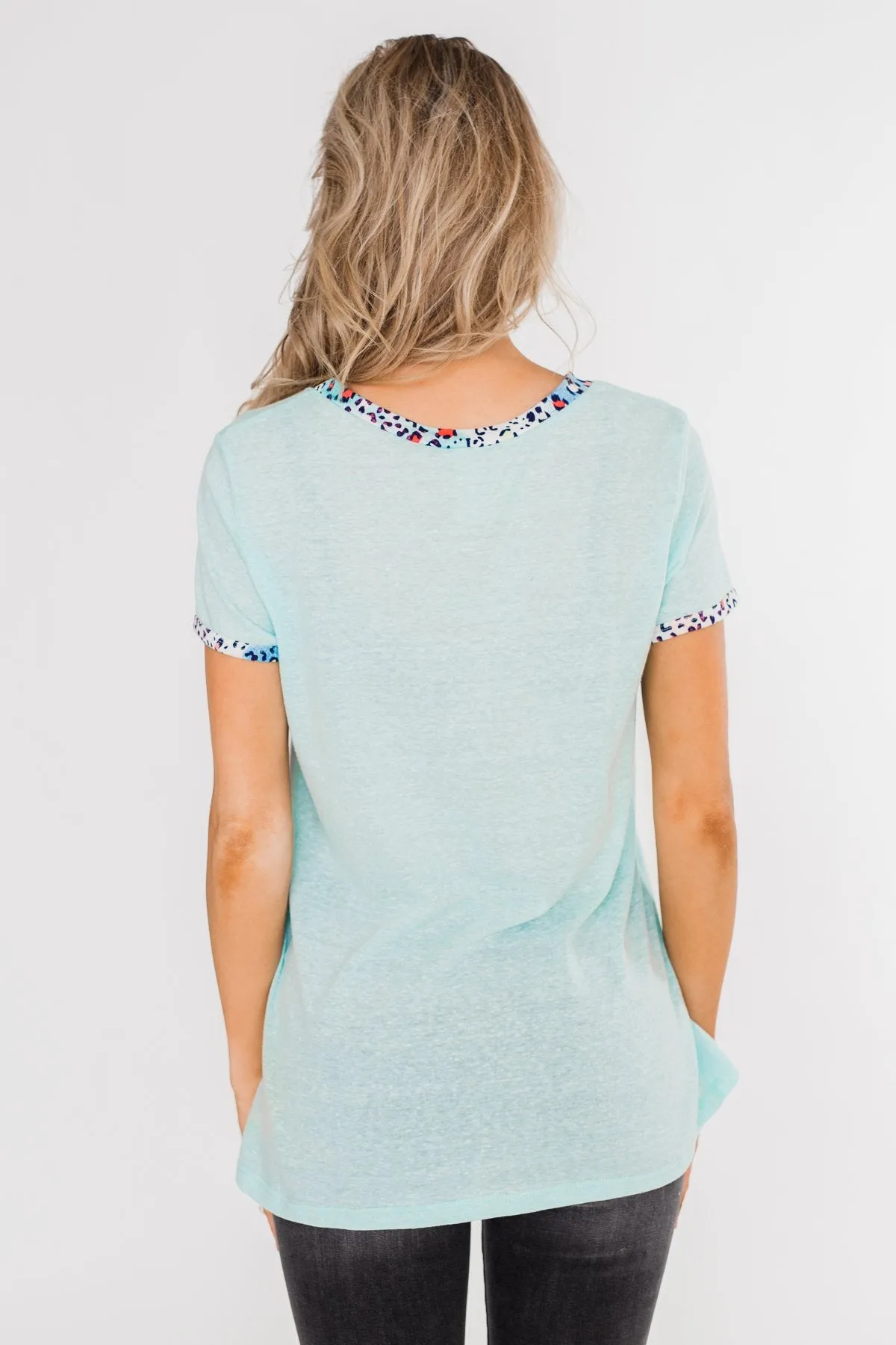 All Of A Sudden Leopard Pocket Top- Light Blue
