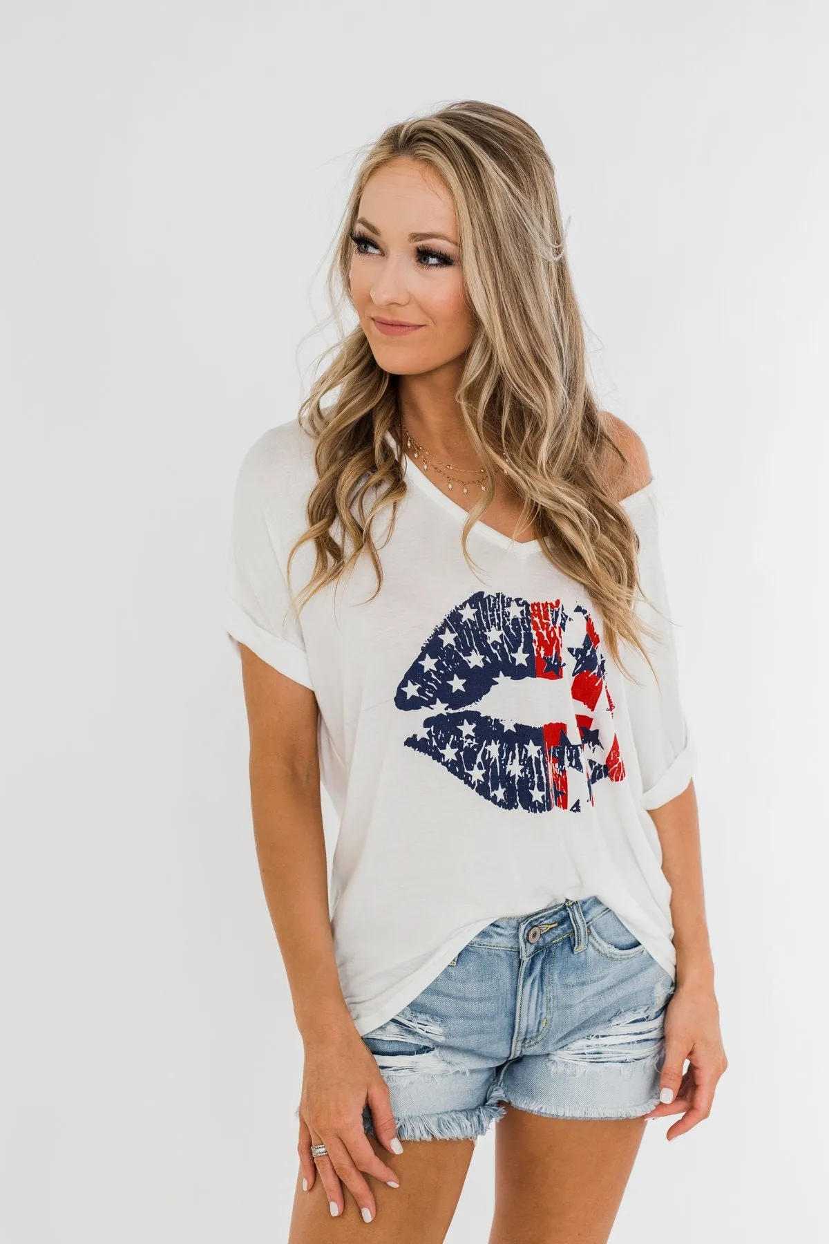 American Flag Lip Graphic Top- Ivory