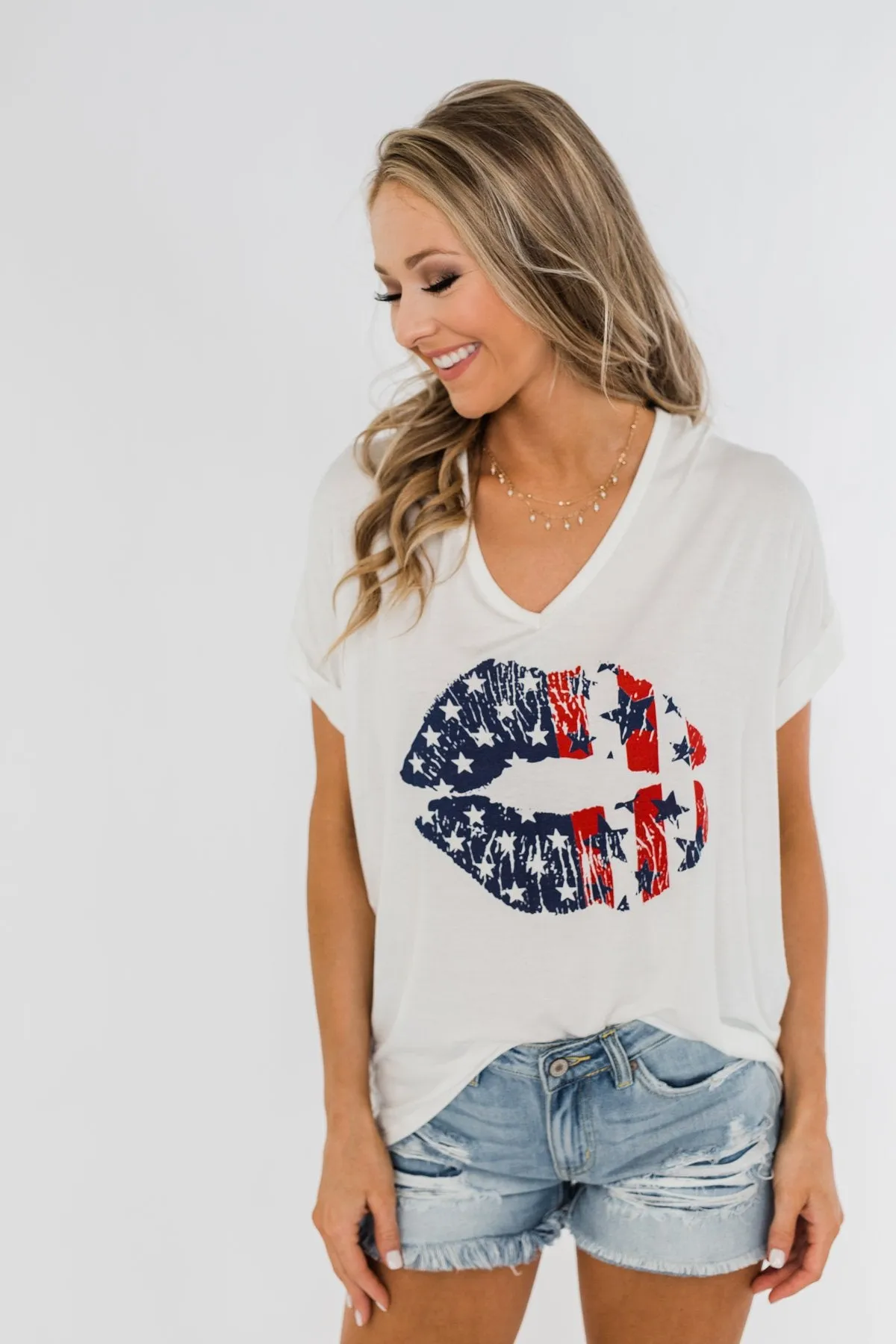 American Flag Lip Graphic Top- Ivory