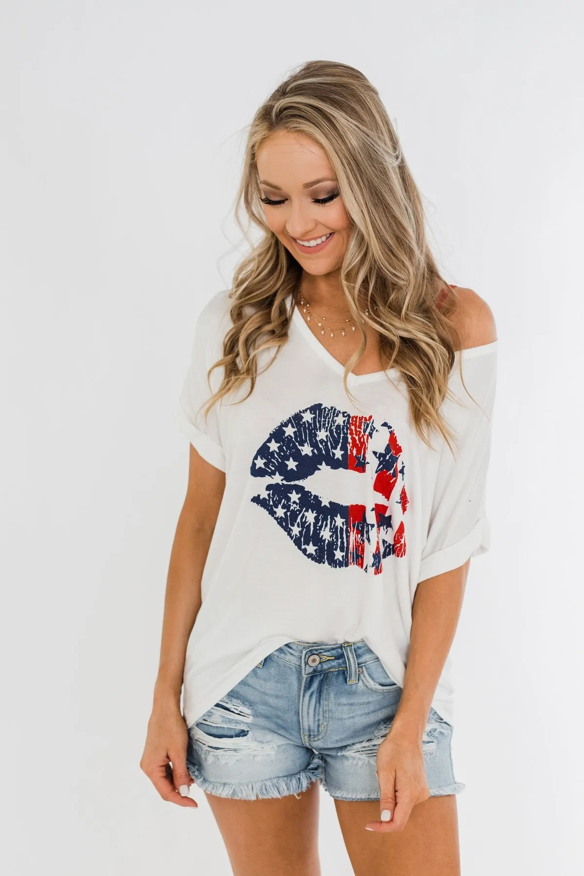 American Flag Lip Graphic Top- Ivory
