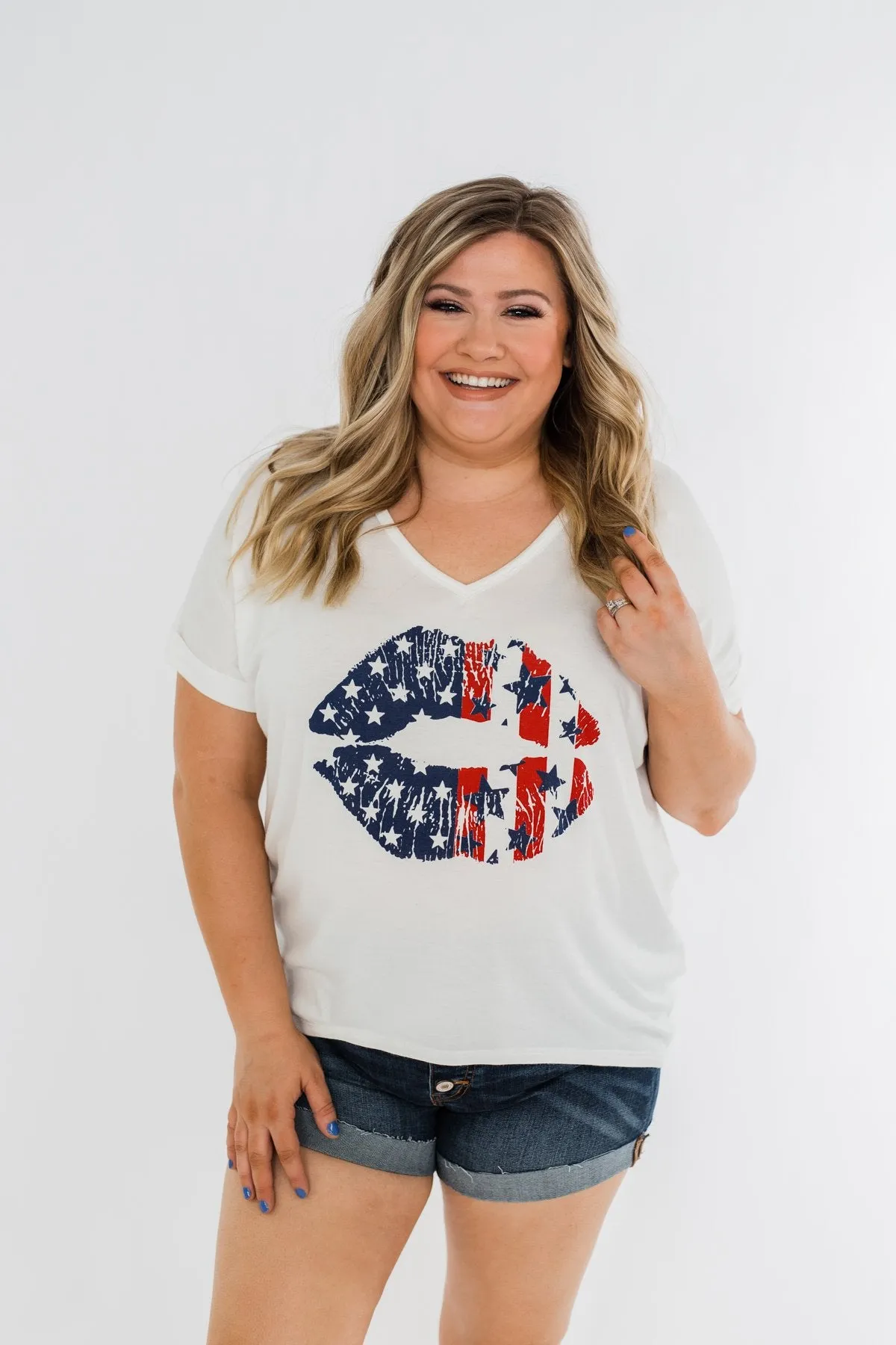 American Flag Lip Graphic Top- Ivory