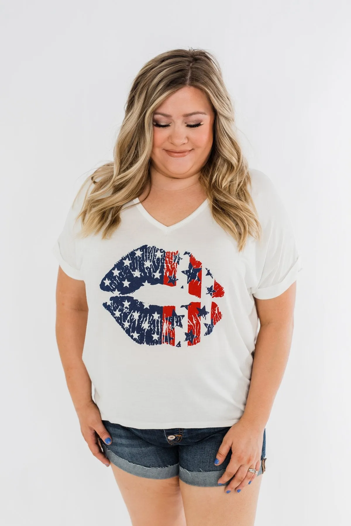 American Flag Lip Graphic Top- Ivory
