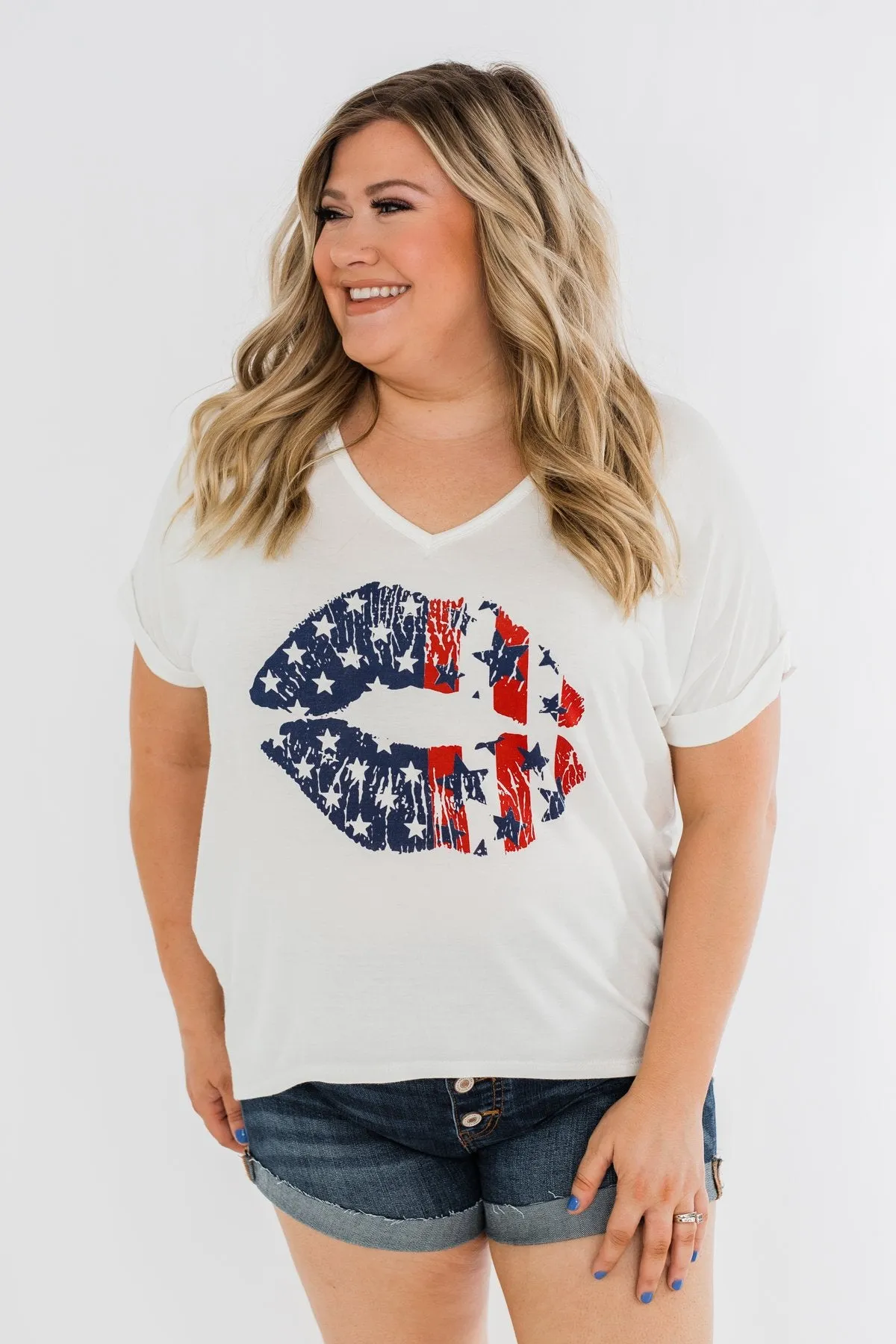 American Flag Lip Graphic Top- Ivory