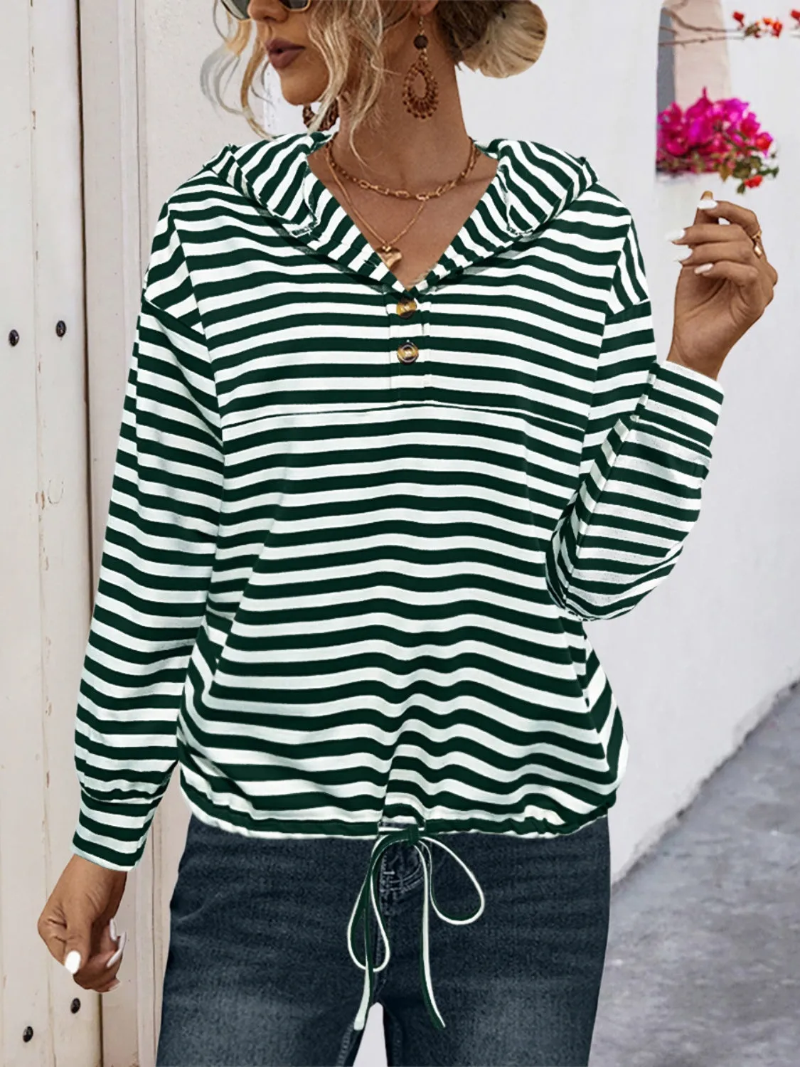 Annie Drawstring Striped Long Sleeve Hoodie