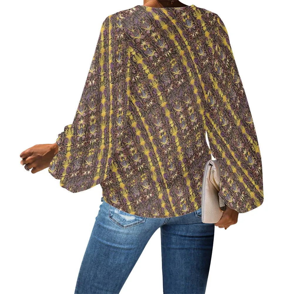 Art Nouveau Botanical Stripe V-Neck Chiffon Puff Sleeve Blouse by Luxtrini