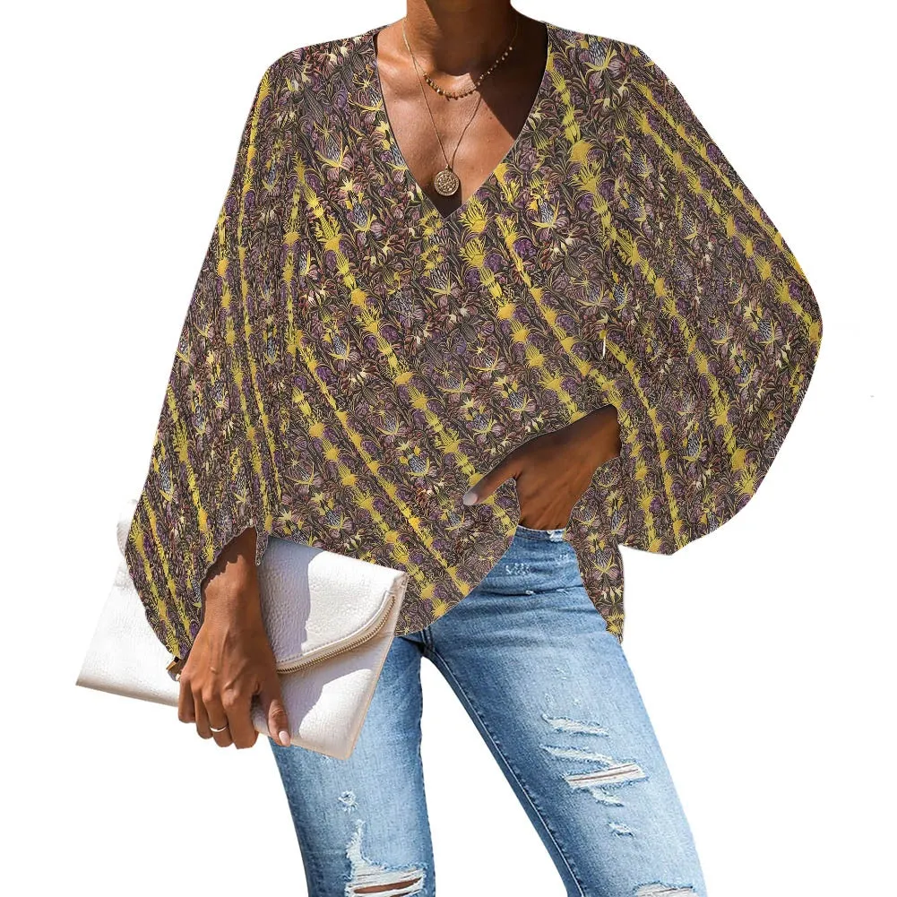 Art Nouveau Botanical Stripe V-Neck Chiffon Puff Sleeve Blouse by Luxtrini