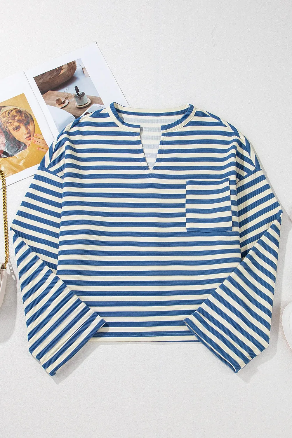 Avery Stripe Chest Pocket Notched Top
