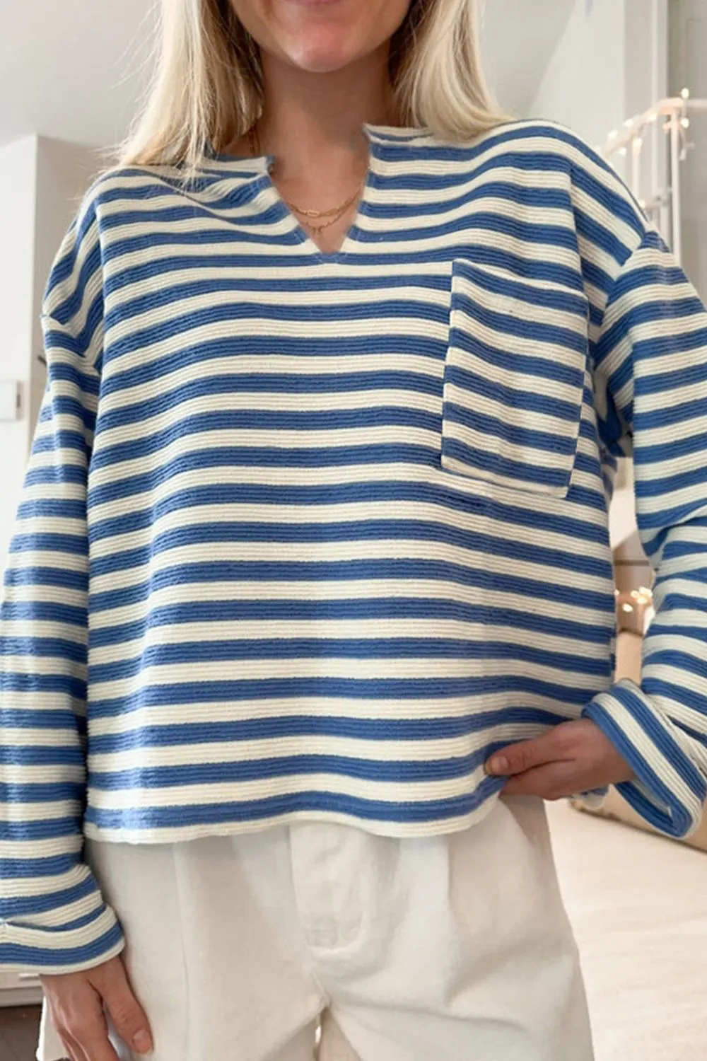 Avery Stripe Chest Pocket Notched Top