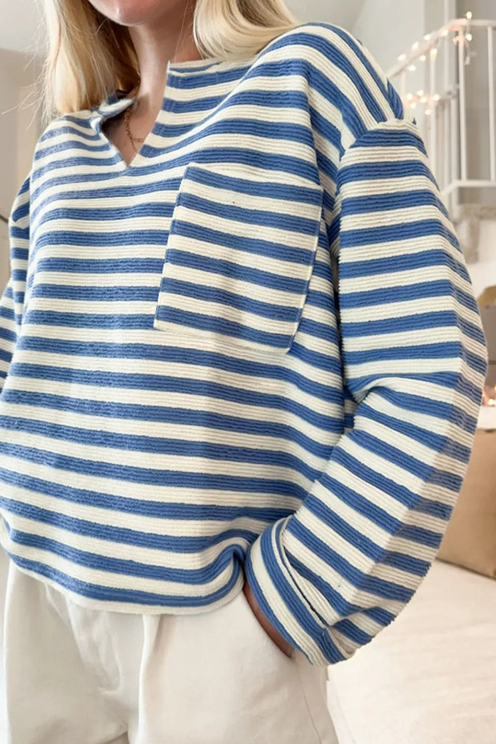 Avery Stripe Chest Pocket Notched Top