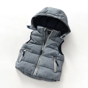 baby boy denim vest fashion child thickening vest with a hood cotton-padded winter cotton waistcoat knitted lining vests