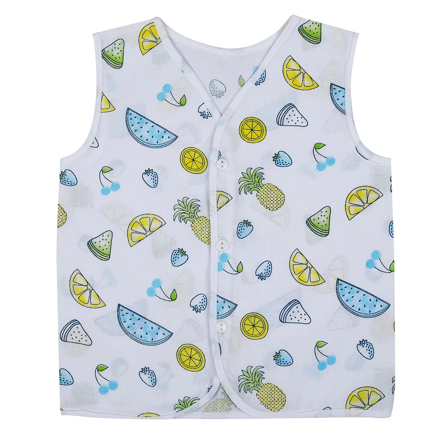 Baby Moo Fruity Fun Prints V-Neck Sleeveless Front Opening Button Cotton Jhablas 5 Pcs - Green, Multicolour