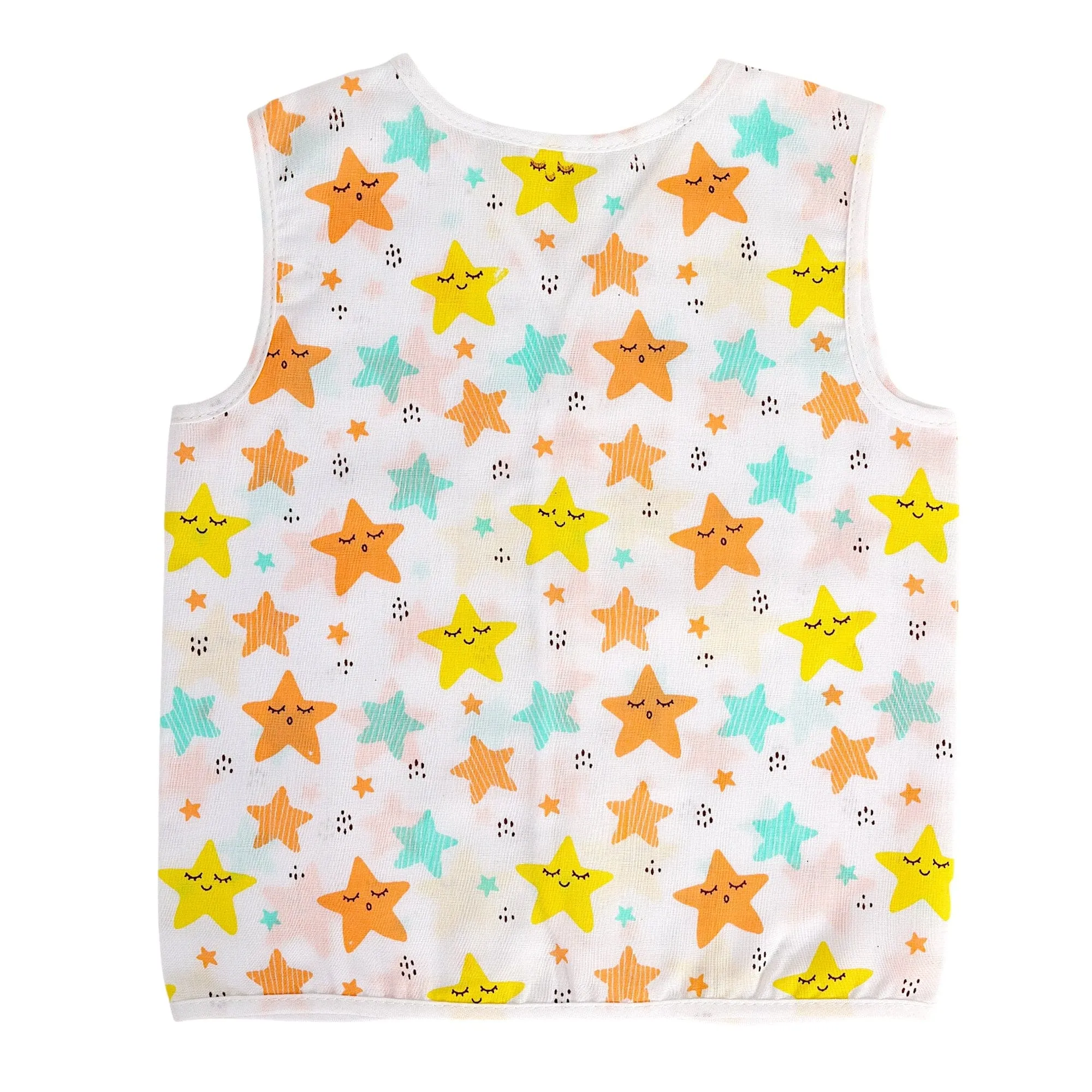 Baby Moo Fruity Fun Prints V-Neck Sleeveless Front Opening Button Cotton Jhablas 5 Pcs - Green, Multicolour